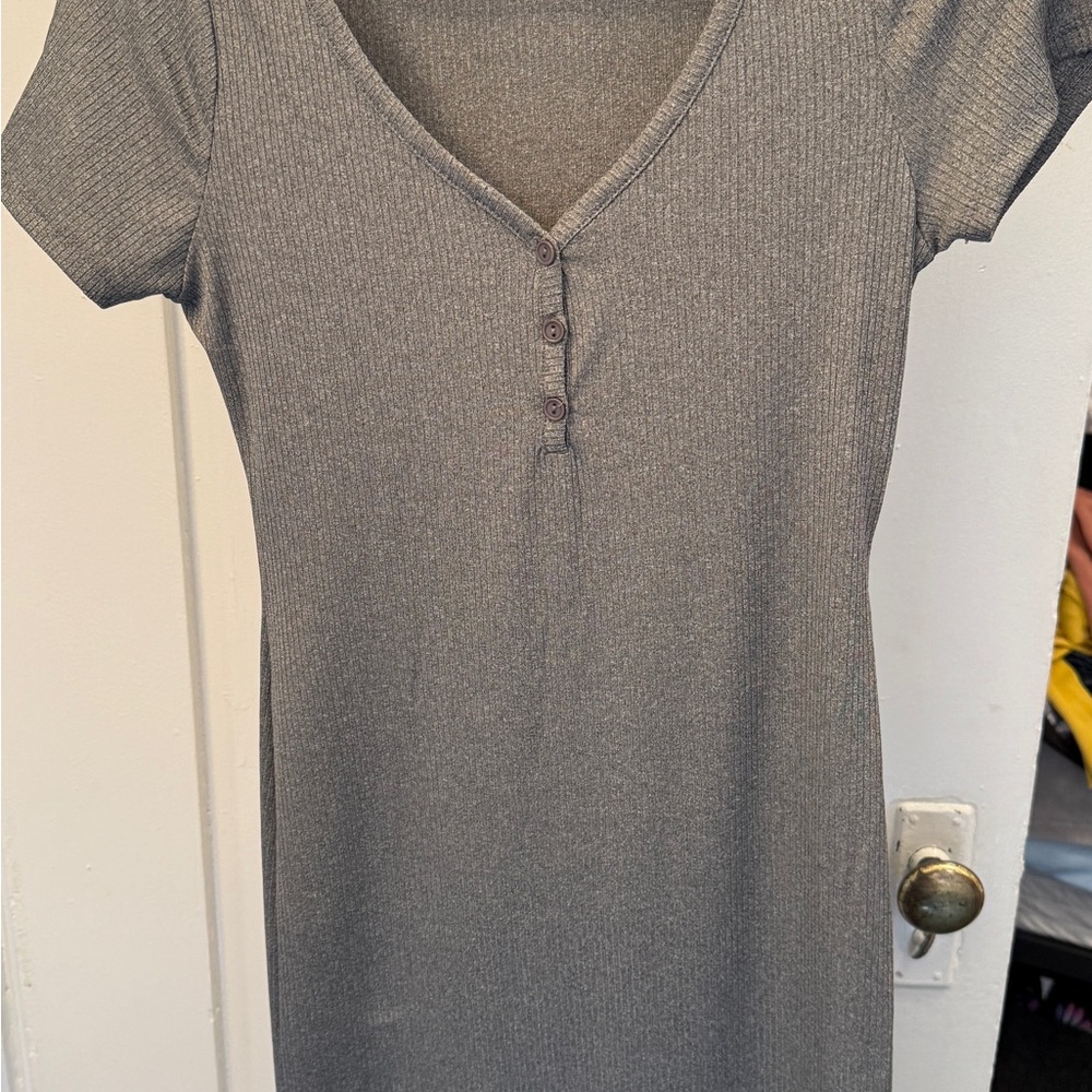 Gray Ribbed Short Sleeve Dress